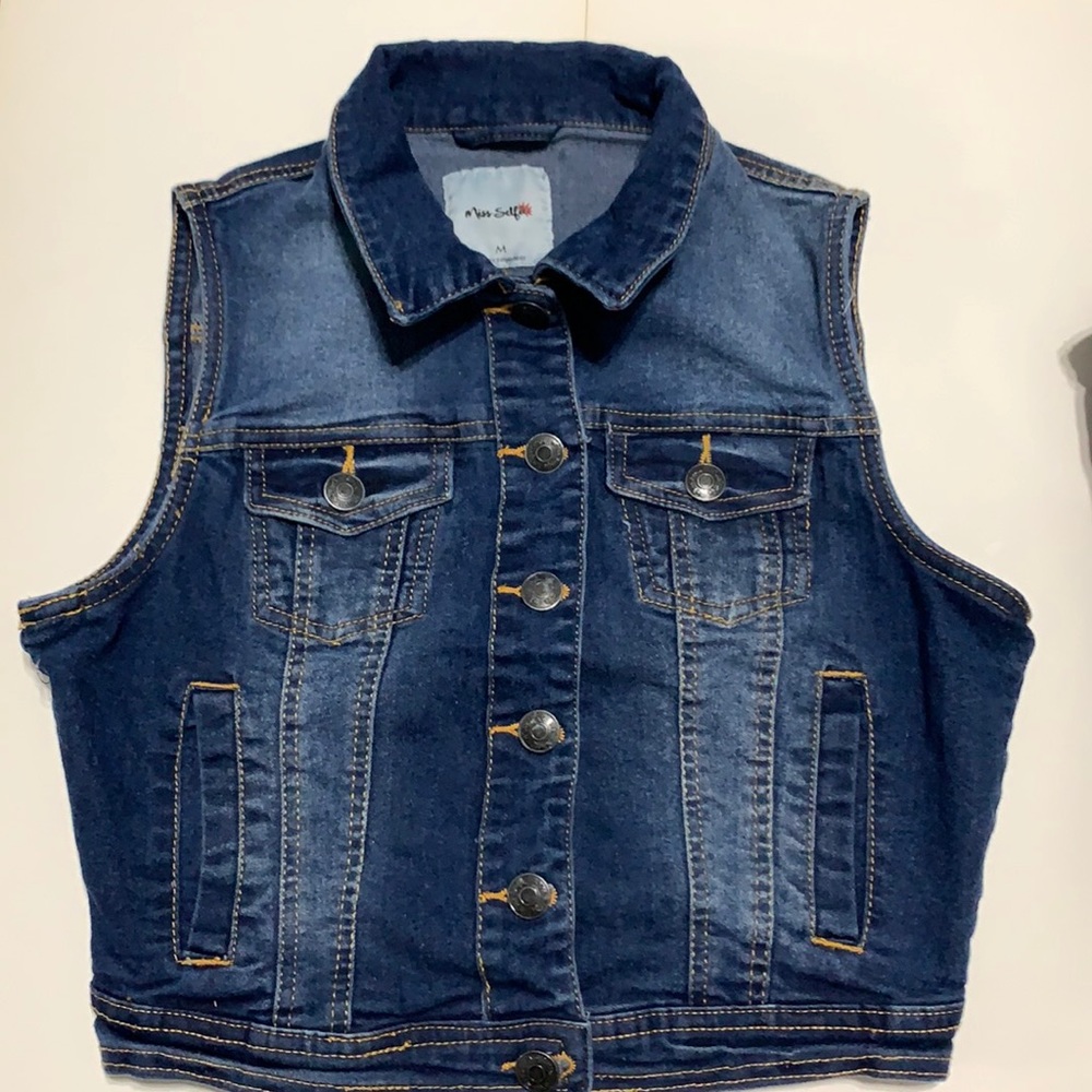 Miss Selfie Denim Vest jean jacket sleeveless size M stretch 16” across chest